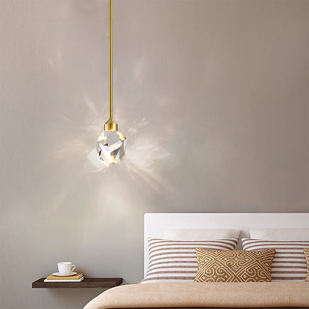 Untrammelife 1-Light Modern Crystal Pendant Light in Gold Brushed Brass Finish 5W Integrated LED Mini Hanging Pendant Light Fixture Metal Rod Ceiling Single Pendant Light for Kitchen Bedroom Bar