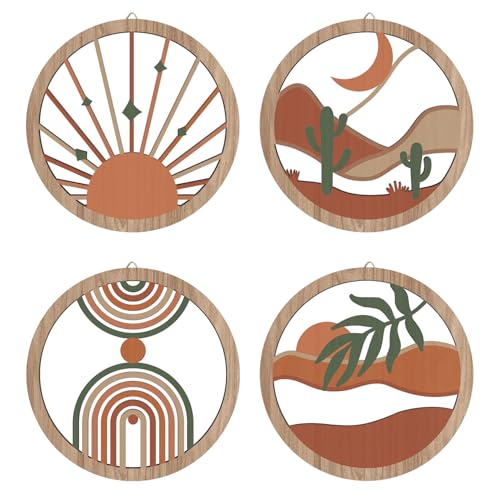Image of HPNIUB 4 Pcs Boho Wall Art Decor, Bohemian Geometric Hanging Wood Sign for Living Room, Aesthetic Abstract Desert Cactus, Minimalist Farmhouse Botanical Wooden Plaque for Apartment Bedroom(10''x10'')