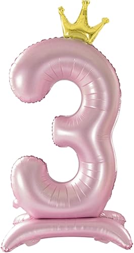 Tellpet Globo rosa con corona número 3 con base para decoración de fiesta de tercer cumpleaños de niñas