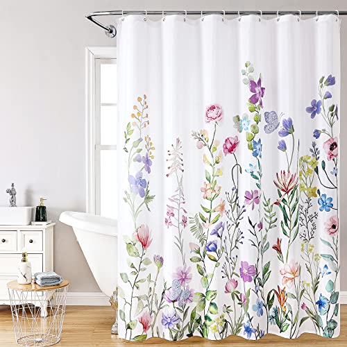 FUN WEEKEND Floral Bathroom Shower Curtain with 12 Hooks, 72''x72'' Waterproof Polyester Fabric Plant Shower Curtain for Bathroom, Heavy Weighted Hem, Machine Washable Quick Dry