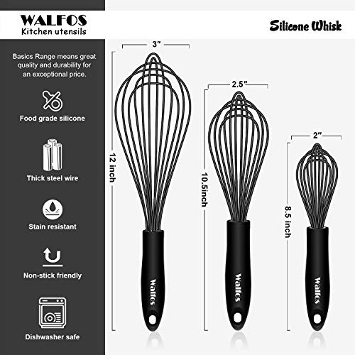 Walfos Silicone Whisk, Stainless Steel Wire Whisk Set Of 3 -Heat Resistant Kitchen Whisks For Non-Stick Cookware, Balloon Egg Beater Perfect For Blending, Whisking, Beating, Frothing & Stirring, Black #TOP6