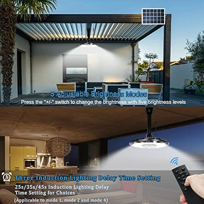 INDARUN Solar Shed Light with On/Off Switch, Up to 3000LM Solar Indoor/Outdoor Lights with 5 Modes, Motion Sensor Pendant for Barn, Gazebo, Garage, Patio, Yard