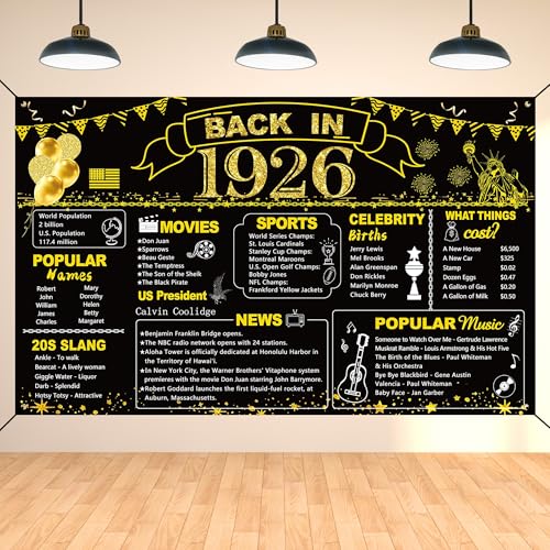 Image of DARUNAXY 100th Birthday Black Gold Party Decoration, Back in 1926 Banner 100 Year Old Birthday Party Poster Supplies, 6x3.6ft Large Vintage 1926 Backdrop Photography Background for Men and Women