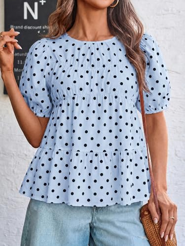 Image of Tankaneo Womens Puff Sleeve Peplum Babydoll Tops Summer Flowy Pleated Cotton T-Shirts Casual Loose Fit Cute Blouse