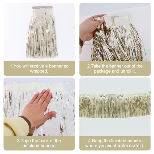 Image of BEISHIDA 3 Packs Metallic Foil Fringe Garland Laser Champagne Wall Hanging Tinsel Fringe Banners for Car Floats Birthday Baby Bridal Shower Wedding Graduation Holiday Party Decoration(30 Feet)