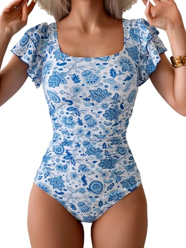 Image of Eomenie Women's Tummy Control One Piece Swimsuit Ruffle Square Neck Bathing Suit Ruched Cutout Back Slimming Swimwear