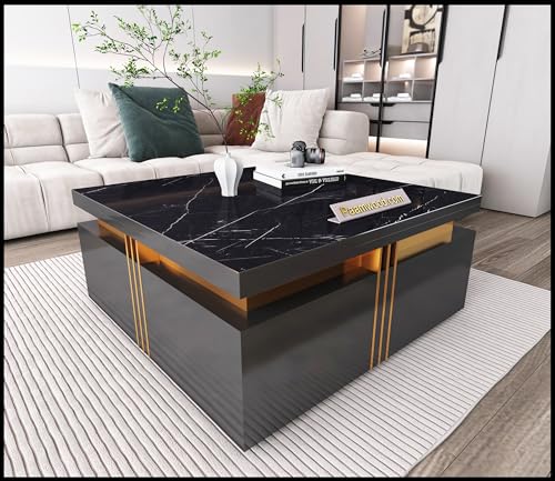Image of Premium Marble-Top Wooden Center Table for Living Room | Coffee Table | Contemporary Design Craftsmanship (Black Big - 36x36x17 Inch)