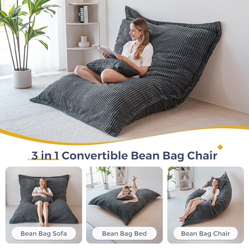 Image of MAXYOYO Giant Bean Bag Chair with Pillow, 3 in 1 Convertible Bean Bag Chair for Adults with Washable Cover, Removable Floor Cushion Stuffed Floor Lounger for Living Room Bedroom, Dark Grey, Full