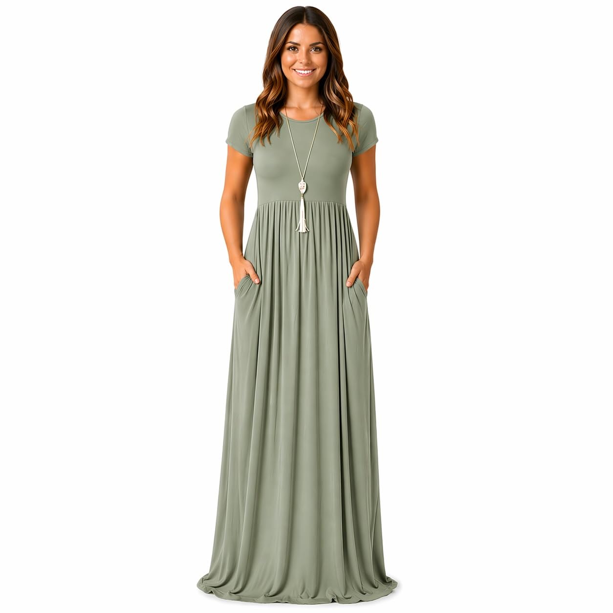 AUOMITH Women's Summer Maxi Dress Short Sleeve Empire Waist with Pockets