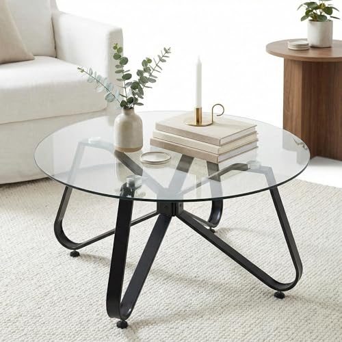 Homy Casa Table basse moderne, 80 cm, ronde, en verre trempé, avec pieds antidérapants, cadre en métal, table d'appoint stable pour le salon