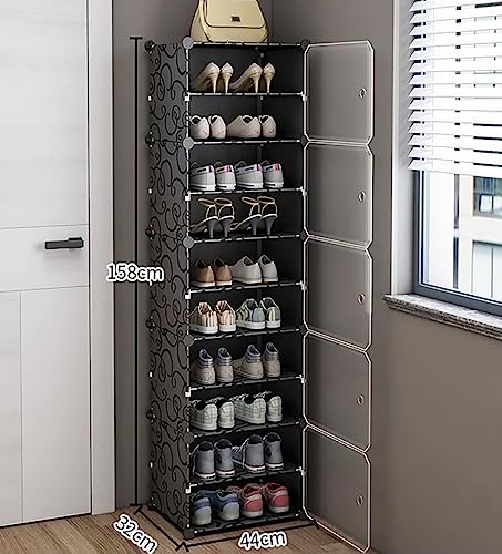 Image of AYSIS 10 Shelf DIY Shoe Rack Box Organizer ^ Multi-Purpose Plastic Shoe Rack for Home, PP Plastic Home Rack with Door for Entryway, Chappal Slipper Shoe Stand【Black, 10-Shelf-5-Door】