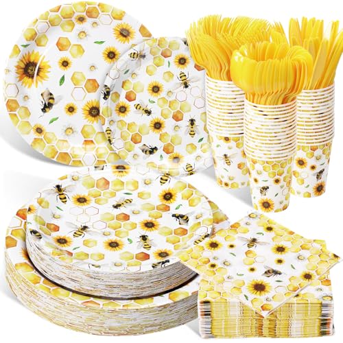 Pickmesh 400 Pcs Bee Sunflower Birthday Party Supplies Include Spring Summer Bee Disposable Paper Plates Napkins Cups Cutlery for Honey Bumble Birthday Baby Shower Party Supplies Serve 50