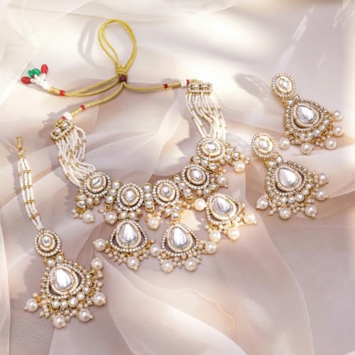Image of Rubans Necklace Maangtikka Set Gold Plated Kundan & Pearl Jewellery Gift for Women & Girls