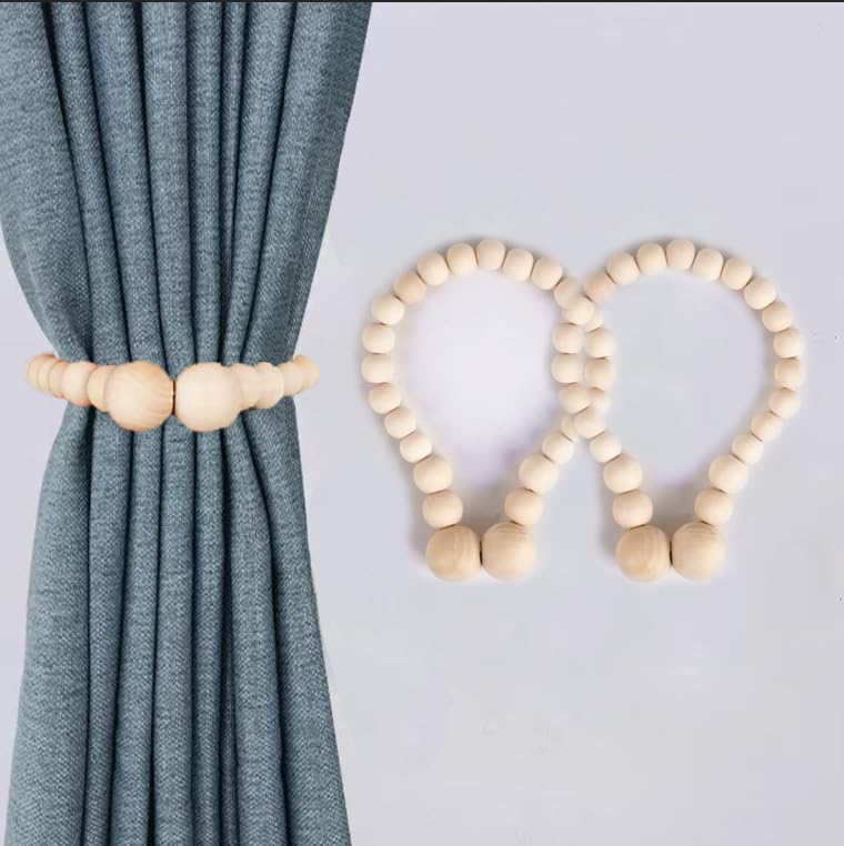 Wooden Magnetic Curtain Buckle,Round Beads Chain Connection Elastic Rope, with 23 Small Round Beads, Bohemian Style, 2Pcs