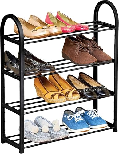 Image of Compact Shoe Organizer Shelf for Floor, Bedroom, Hallway, or Living Room: 4-Tier Freestanding Metal Shoe Rack Black
