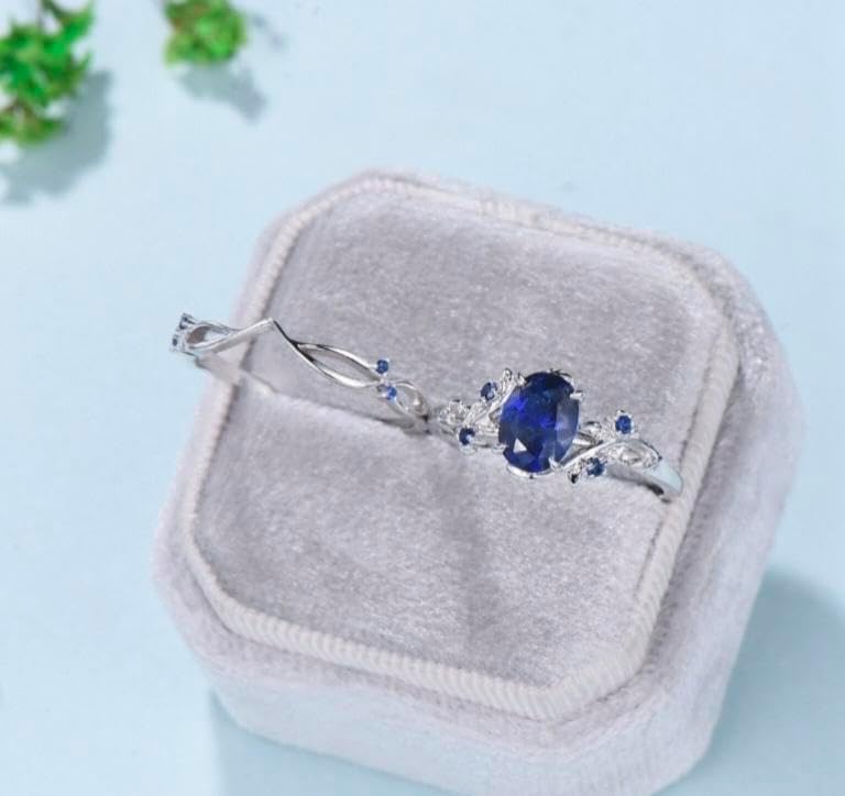 Vintage blue sapphire wedding ring set Leaf twig engagement ring set Art deco Nature Inspired rose gold bridal set for women anniversary ring set