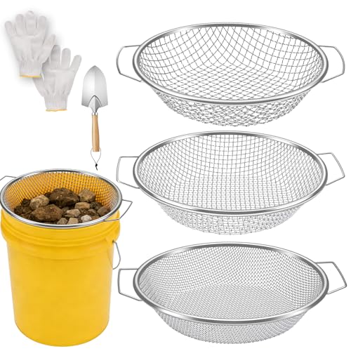3PCS Soil Sifter for Gardening Rock Soil Sifter with Handle Compost Sifting Screen for 5 Gallon Buckets with Metal Garden Tool Shovel Gloves 3 6 10mm Mesh Sizes Remove Stone Fine Gravel Sand Dirt