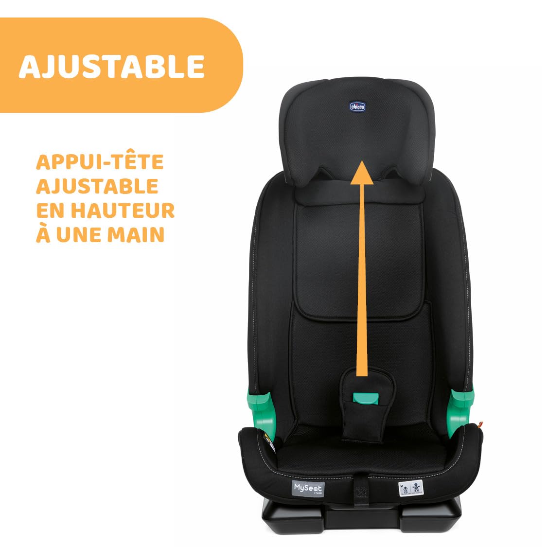 Chicco Fotelik samochodowy MySeat i-Size, łatwy montaż za pomocą złączy ISOFIX i Top Tether, odchylany, regulacja wysokości, zatwierdzony przez ECE R 129/03 (rozmiar I), 76-150 cm, od 15 miesięcy