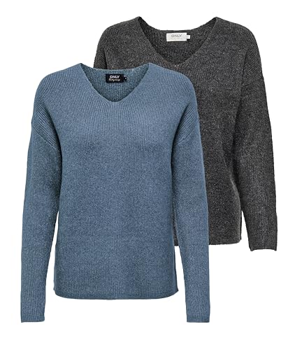 ONLY Damen ONLCAMILLA V-Neck Strickpullover 2-Pack, Blue Mirage Melange/Dark Grey Melange, M 1