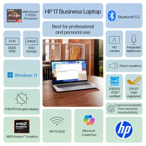 Image of HP 17.3 inch FHD Laptop Computer, AMD Ryzen 5 7520U, Large IPS Display, 8GB DDR5 RAM, 256GB SSD, Numeric Keypad, Long Battery Life, Home Office & Business Productivity, Windows 11