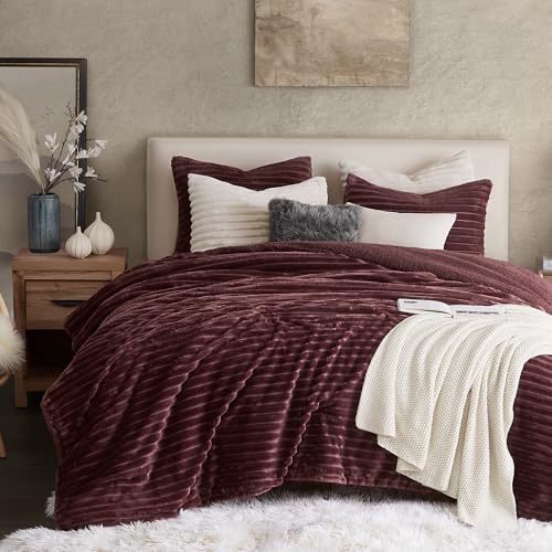Juego de cama de sherpa Geniospin de microfibra burdeos reina 3 piezas 2