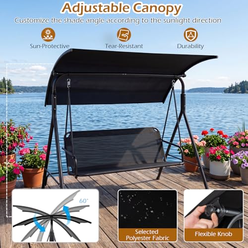 Image of Tangkula 3 Person Porch Swing, Patio Swing with Adjustable Canopy, 800 lbs Heavy-Duty Metal Frame & Breathable Fabric Seat, Outdoor Swing for Backyard Lawn Deck