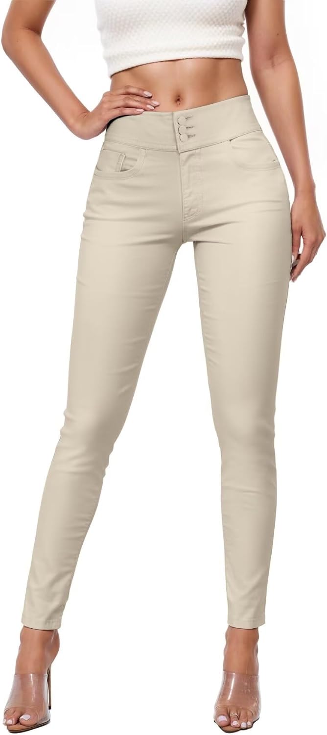 Hybrid & Company Womens Hyper Ultra Stretch Comfy Skinny Leg 3 Button Wide Waist Work Casual Pants