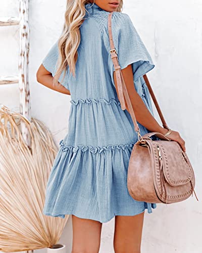 Dellytop Womens Drawstring V Neck Dress Ruffle Tiered Short Sleeve Babydoll Tunic Swing Sundresses3
