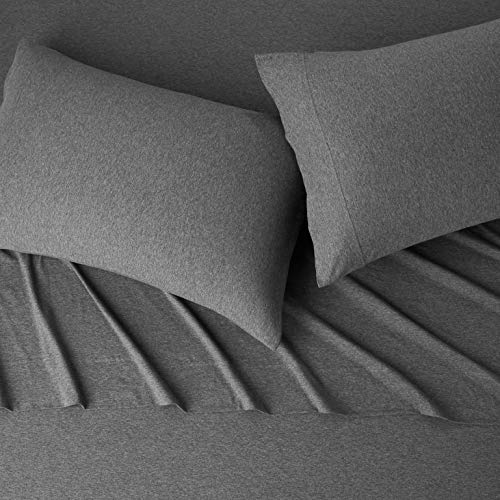 Image of Amazon Basics 4 Piece Breathable 100% Cotton Jersey Bed Sheets Set, Machine Washable, Stretchy Flat and Fitted Sheets, Pillowcase, King, Dark Gray, Solid