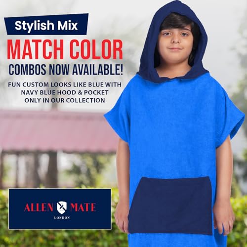Image of ALLEN & MATE 100% Cotton Kids Hooded Surf Poncho Changing Robe, Quick Absorbent Wearable Swim Towel Boys & Girls, 6-13 Years