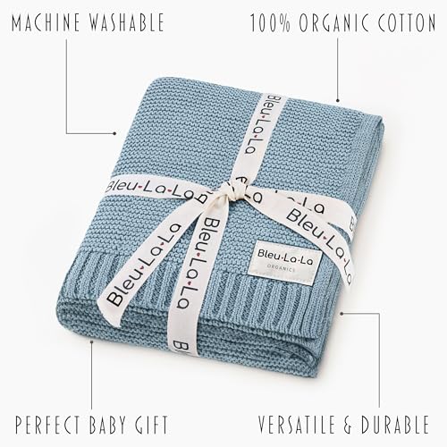 Image of 100% Organic Cotton Heritage Knit Textured Baby Quilt Blanket for Boys - Signature Heritage Knit, Soft Breathable Newborn Baby Blanket (Heritage - Sky Blue)