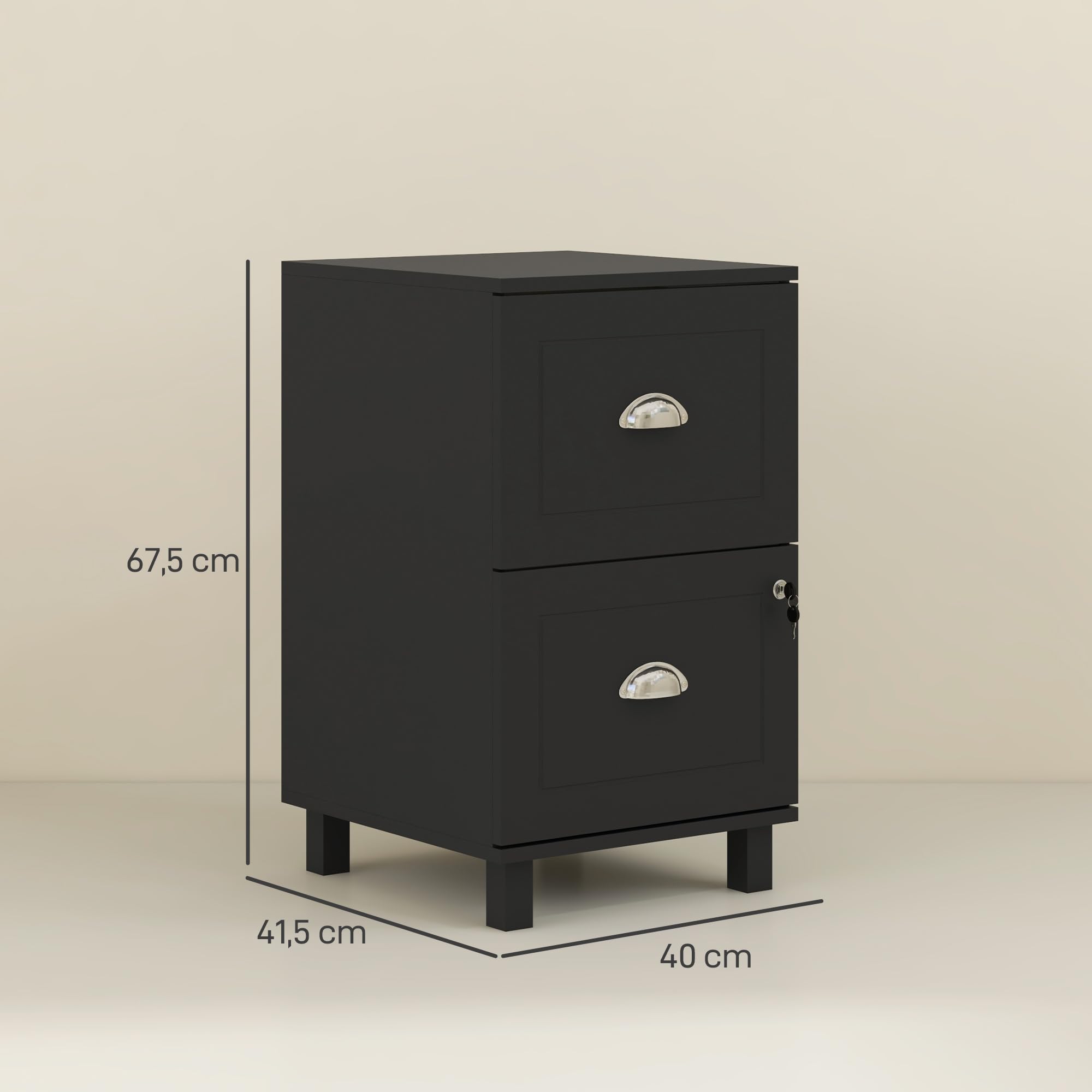 HOMCOM Cassettiera da ufficio mobile raccoglitore con 2 cassetti cassetto per scrivania con serrature cartelle sospese per A4 e lettera, 40 x 41,5 x 67,5 cm, nero