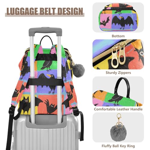 KLL Halloween Cartoon Crows and Bats Colorful Plaid Backpacks for Women Cute Waterproof Daily Travel Backpack for Shopping Sports Travel4