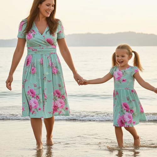 Image of Mommy and Me Floral Dresses Mother Daughter Matching Short Sleeve Tshirt Midi Dress Crew Neck Outfits with Pockets