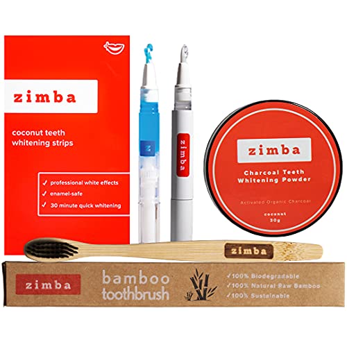 Zimba Ultimate Teeth Whitening Bundle - 14 Coconut Treatments (28 Strips), 1 Cool Blue Desensitizing Pen, 1 Travel Whitening Pen, 1 Activated Organic Charcoal Powder & 1 Bamboo Toothbrush