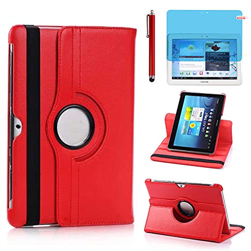 Case for Samsung Galaxy Tab 2 10.1 inch 2012 (GT-P5100 GT-P5110 GT-P5113), 360 Degree Rotating Stand Case Full Protective Cover,with Stylus Pen,Screen Film (Red)