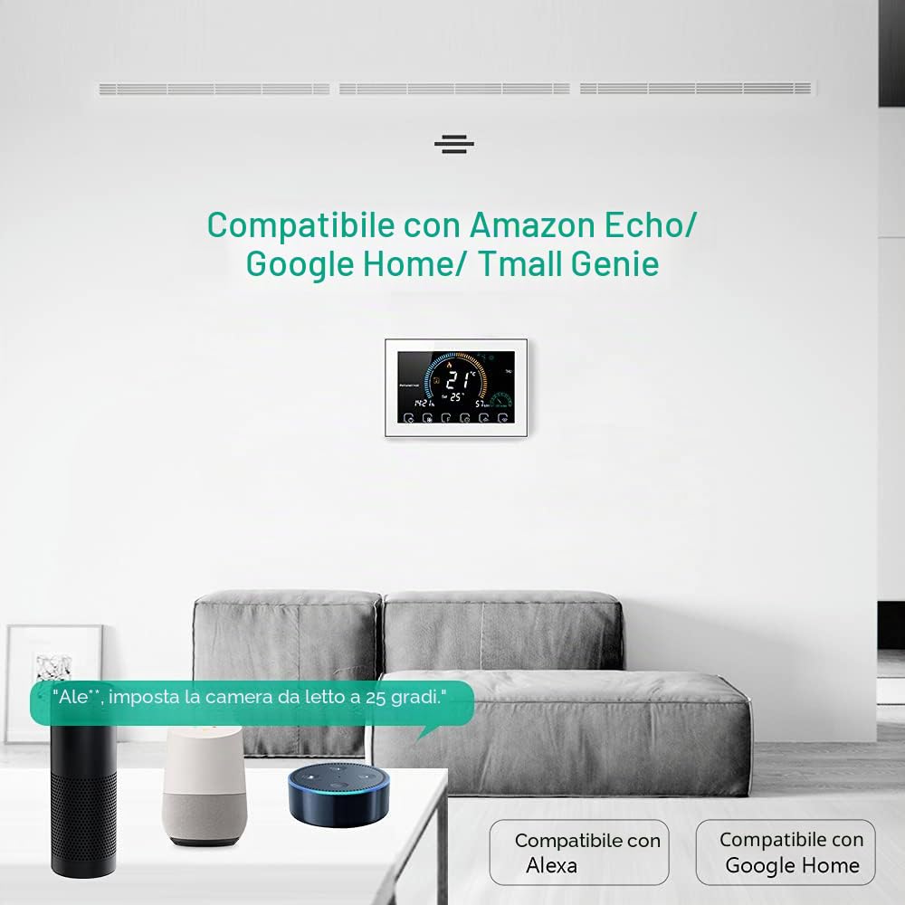 Kavolet Termostato WiFi Programmable per Caldaia Acqua/Gas LCD 5A | Smart thermostat con controllo vocale,display umidità/UV,Backlight LCD,APP remoto,con funzione di blocco del display