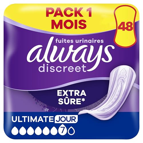 Always Discreet Extra Sûre, 48 Serviettes Hygiéniques Incontinence Femme, Ultimate Jour 6 Gouttes, Protection Absorbante pour Fuites Urinaires Importantes de Jour, Pack 1 Mois