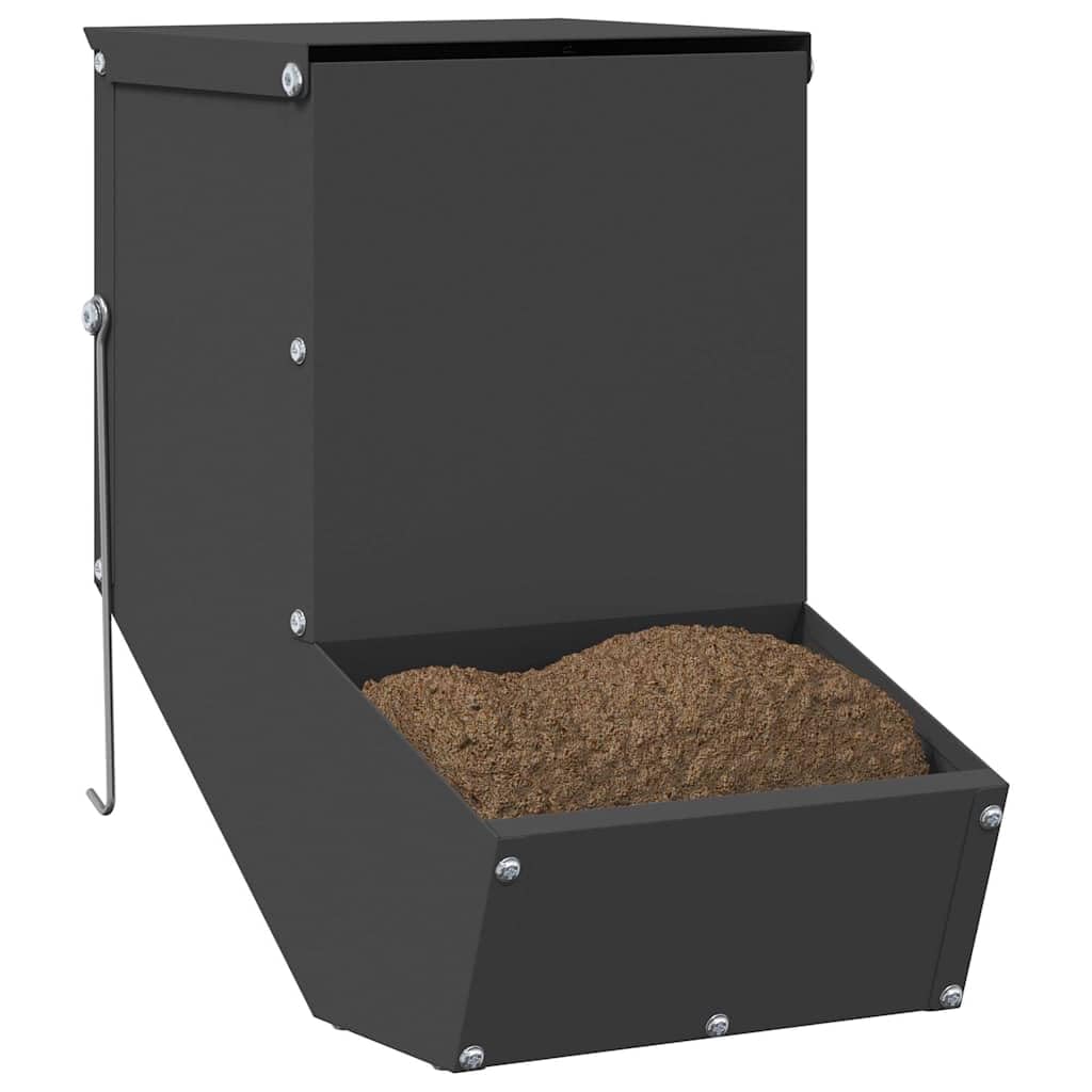 Comedero para conejos negro de acero laminado en frío, 17,5 x 26 x 28,5 cm, capacidad de 1,5 kg, montaje en pared para interior y exterior, dispensador de comida para porciones y dosificación