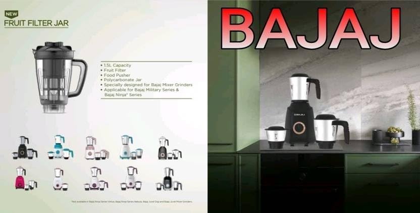 Image of Bajaj mixer grinder suitable smartncool juicer jar 1.5 liter, with fruit filter & food pusher.