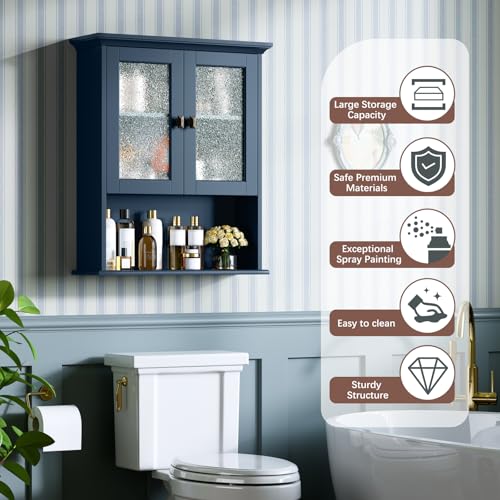 Armario de baño empotrado en pared, armario de medicinas sobre el inodoro con puerta de vidrio, armario colgante con nivel incorporado para baño, lavandería y cocina (Ultramarino) miniatura 3