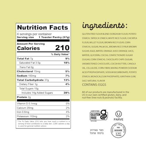 Image of Katz Gluten Free Chocolate Chip Toaster Pastries. Breakfast Foods Snacks. Free of Dairy, Peanuts, Tree Nuts, and Sesame, No Artificial Color. Kosher. 8oz (12pk)