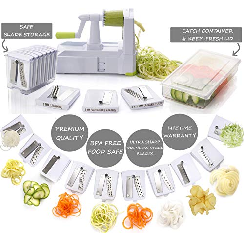 Brieftons 10-Blade Spiralizer: Strongest-and-Heaviest Vegetable Spiral Slicer, Best Veggie Pasta Spaghetti Maker for Low Carb / Paleo / Gluten-Free, With Blade Caddy, Container, Lid & 4 Recipe Ebooks