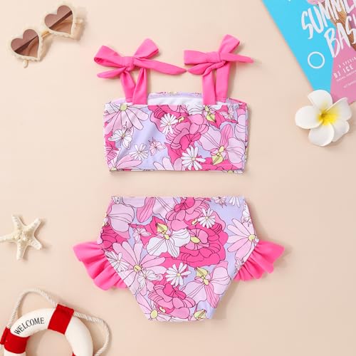 YOUNGER TREE Toddler Girls Two Pieces Swimsuit Color Block Stripe Swimwear Summer Beach Bathing Suit 18M-5T(Pink Flower 6-7T)