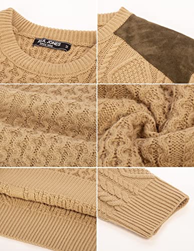 Men's Classic Retro Long Sleeve Crewneck Warm Cable Knit Military Uniform Pullover Sweater With Suede Panel On Shoulders Camel #TOP6