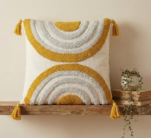 Image of Furnistitchs Handmade Cotton Bohemian Home Decor Cushion Cover 24x24 inches / 60x60 cms - Boho Chic Couch Sofa Throw Living Room Bedroom Cushions (2, Cream Arcs)