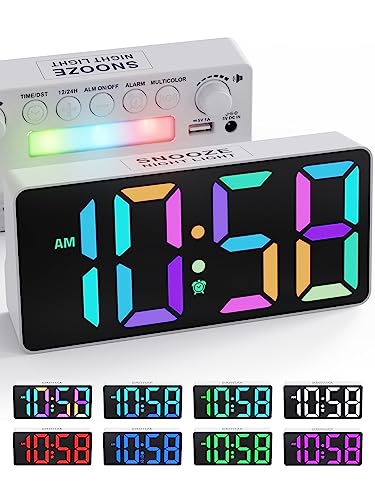 RGB Digital Alarm Clock For Bedroom-Dynamic Large Number Digital Clock With 8-Mode Led Colorful Display,7Night Lights,Type-C&USB Chargers,12/24H/DST,Dimmer,Loud Small Desk Clock For Teens Kids Adults