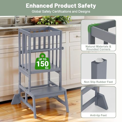Image of COSYLAND Toddler Standing Tower - Adjustable Height Toddler Kitchen Stool Helper - Kids Kitchen Step Stool for Learning with Removable Safety Railing Ash Gray
