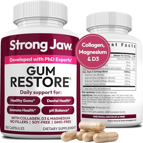 Strong Jaw Gum Restore - Gum Repair for Receding Gums | Teeth Magnesium Supplements Oral Care Remineralizing Dental Health Vitamins for Adults | 1 Month Supply 180 Capsules Made in USA
