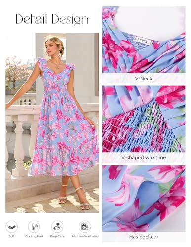 Image of GRACE KARIN Women's Summer Floral Maxi Dress 2026 Ruffle Sleeve Smocked Sundress Flowy Wedding Guest Long Dresses with Pocket
